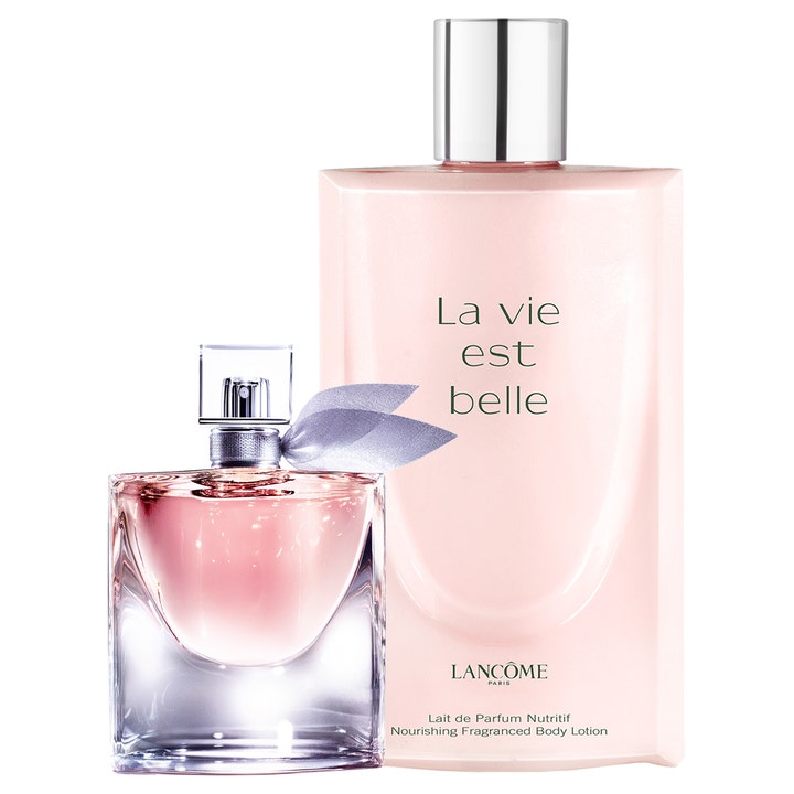 Lancôme La Vie Est Belle parfym 30 ml och body lotion 200 ml i lyxigt set med rosa glasflaska och sidenband