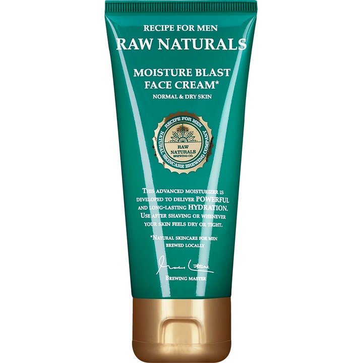 Raw Naturals Moisture Blast Face Cream 100 ml återfuktande ansiktskräm för män torr hud i grönblå tub med bronslock