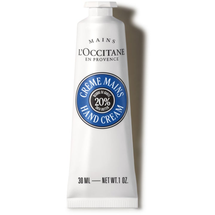 L'Occitane Shea Butter Hand Cream 30 ml närande fransk handkräm i vit tub med 20% sheasmör kräm och blått emblem
