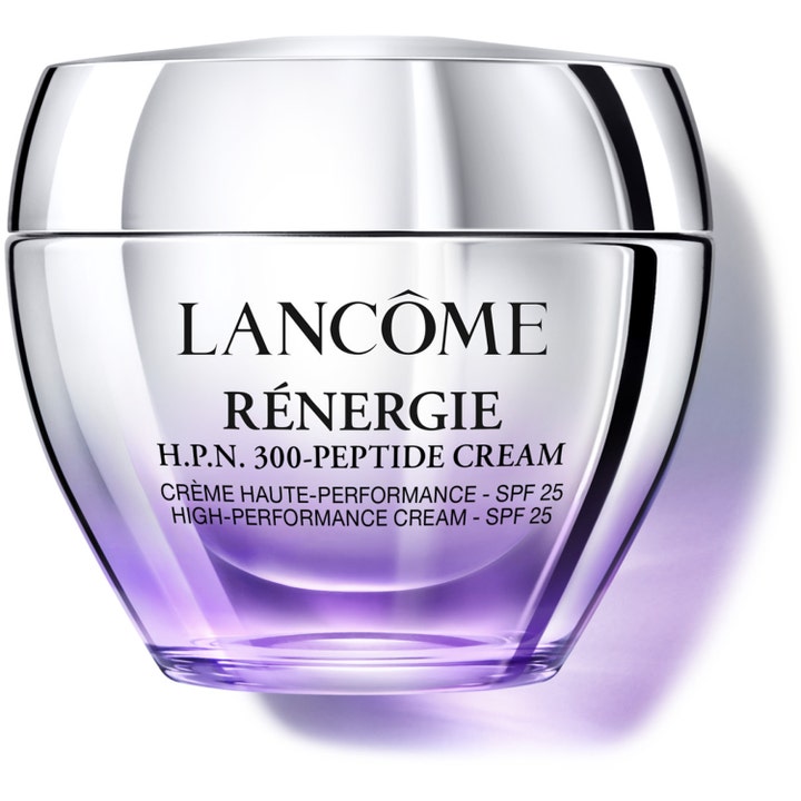 Lancôme Rénergie H.P.N. 300-Peptide Cream anti-age peptidkräm i en elegant lila och silverfärgad glasburk med solskydd.
