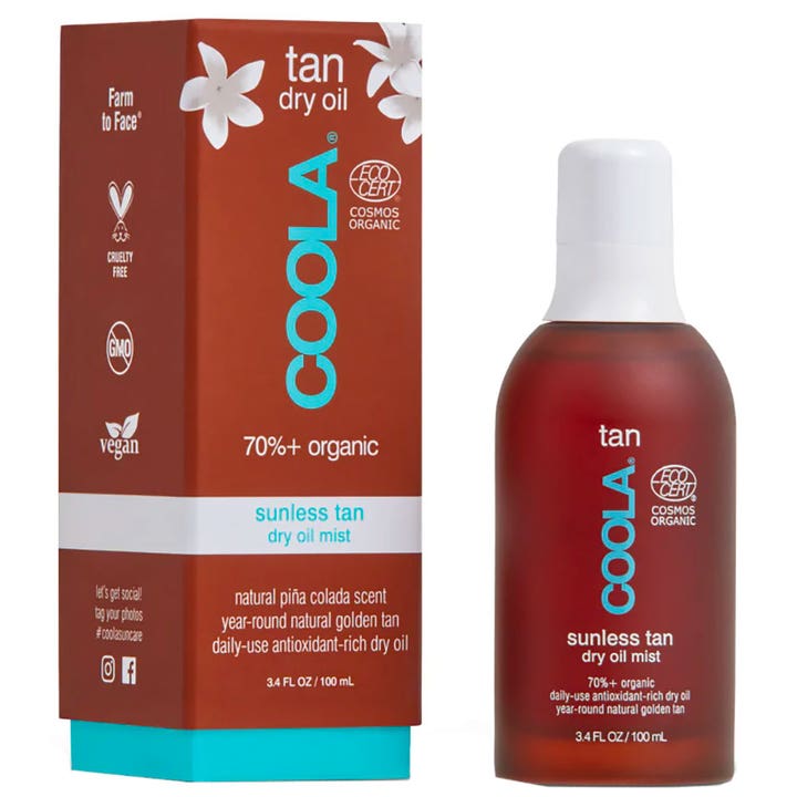 Coola Sunless Tan Dry Oil Mist 100 ml organisk tan ger naturlig färg i brun sprayflaska med mönstrad kartong.