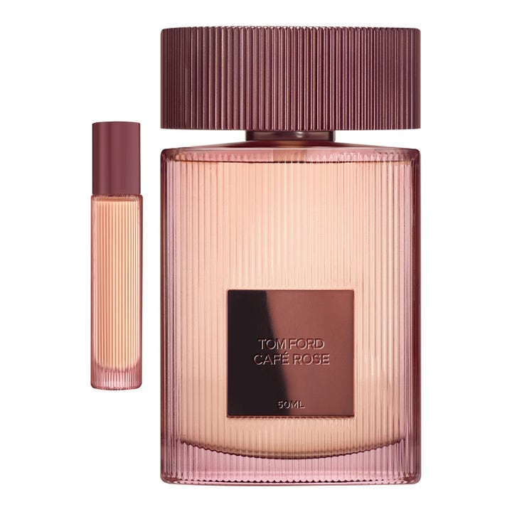 Tom Ford Café Rose 50ml eau de parfum set med räfflade flaskor i en varmt rosa och metallisk finish