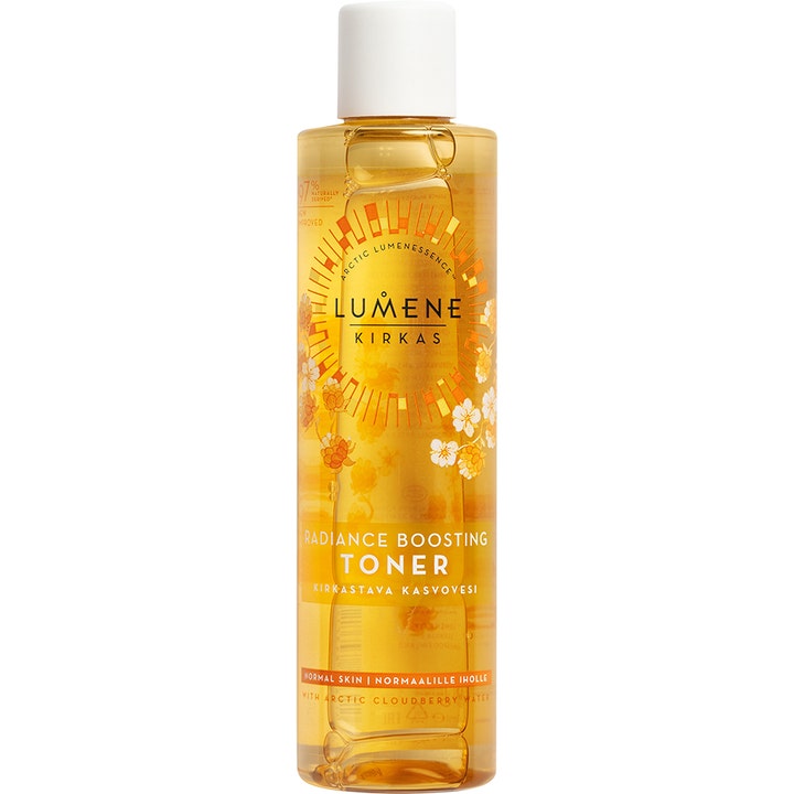 Lumene Kirkas Radiance Boosting Toner 200 ml lystergivande ansiktsvatten i en genomskinlig orange flaska med vitt lock
