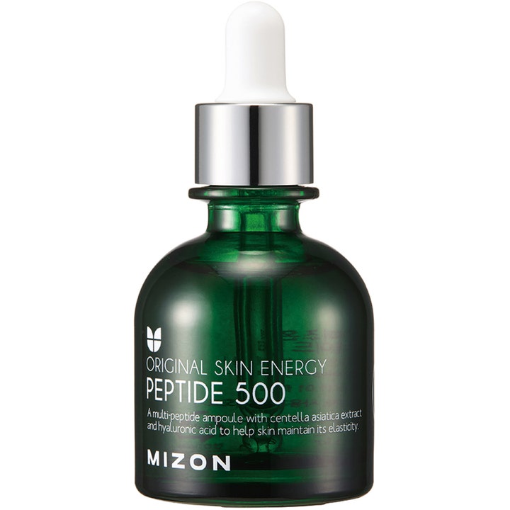 Mizon Peptide 500 30 ml hyaluronsyra peptid serum för ökad elasticitet i grön glasflaska med silverkork