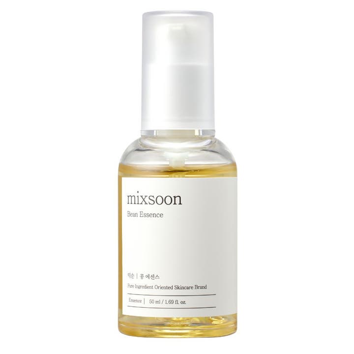 Mixsoon Bean Essence 50 ml exfolierande bön essens i genomskinlig flaska med vit etikett och frostad pumpkork