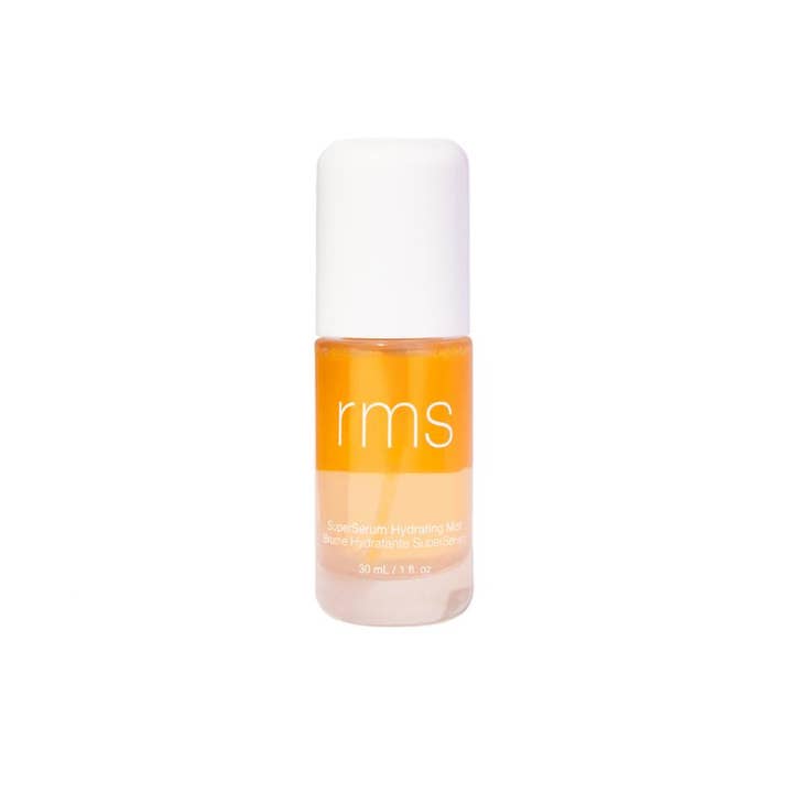 RMS Beauty SuperSerum Hydrating Mist 30 ml återfuktande face mist i liten flaska med orange och ljus tvåfasvätska