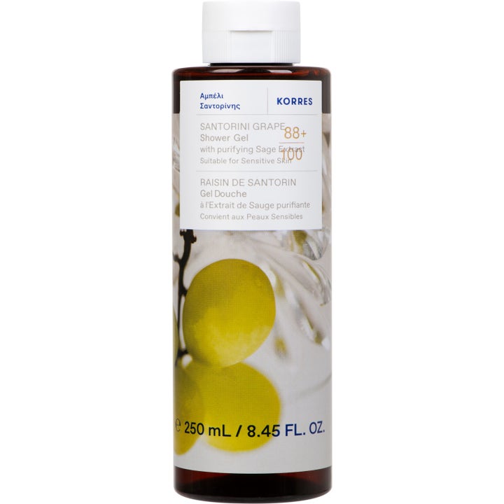Korres Santorini Grape Shower Gel 250 ml uppfriskande duschgel i mörk flaska med motiv av gröna druvor