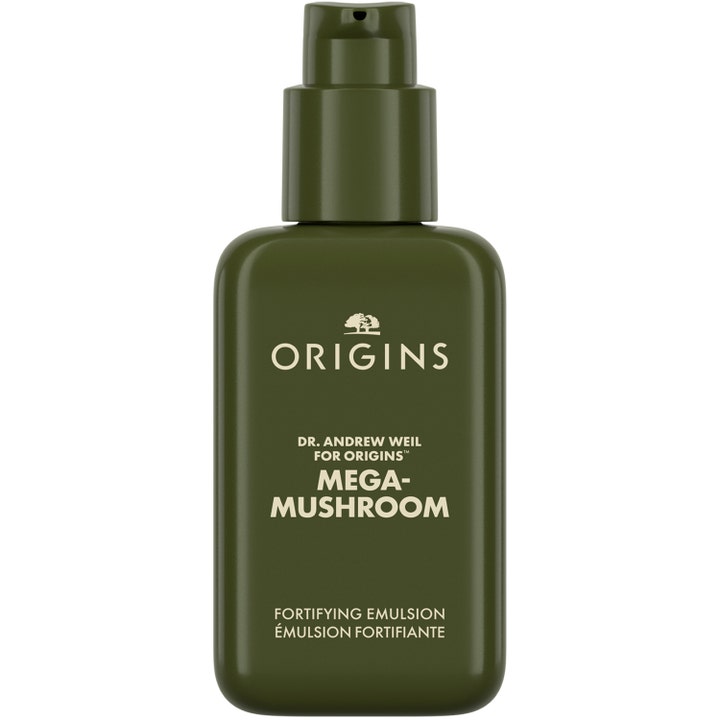 Origins Mega-Mushroom Fortifying Emulsion stärkande ansiktsemulsion i olivgrön flaska med praktisk pump.