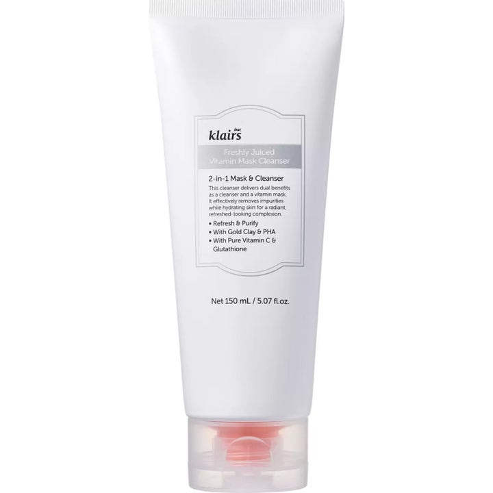 Klairs Freshly Juiced Vitamin Mask Cleanser 150 ml lystergivande ansiktsrengöring i vit tub med genomskinlig kork