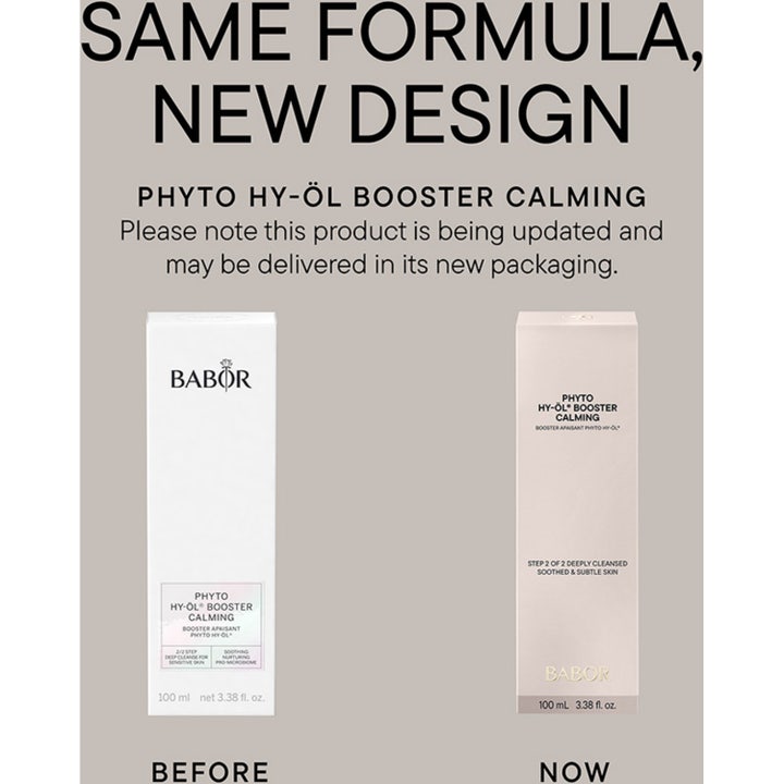 Babor Phyto HY-ÖL Booster Calming 100 ml lugnande ansiktsrengöring visar designbyte från brun till vit pumpflaska.