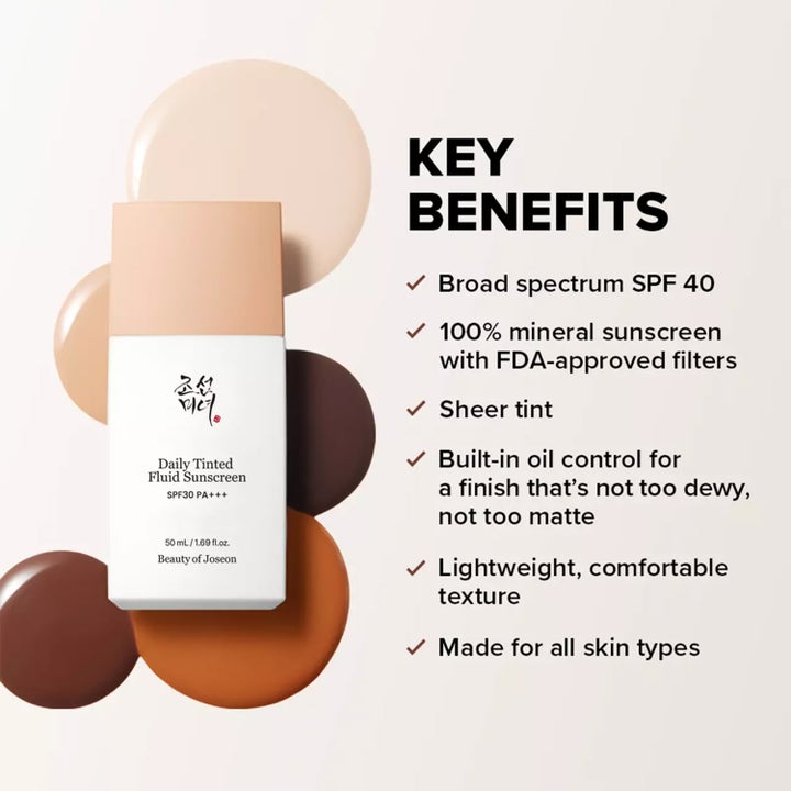 Beauty of Joseon Daily Tinted Fluid Sunscreen 50 ml ger SPF 40 med texturprover i olika nyanser.