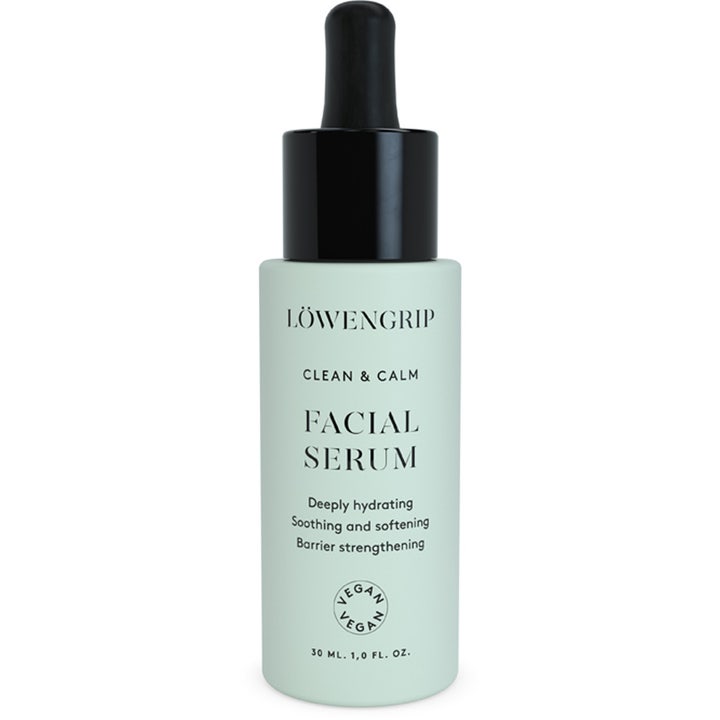 Löwengrip Clean & Calm Facial Serum 30 ml barriärstärkande fuktgivande serum i ljusgrön frostad flaska med svart pipett.