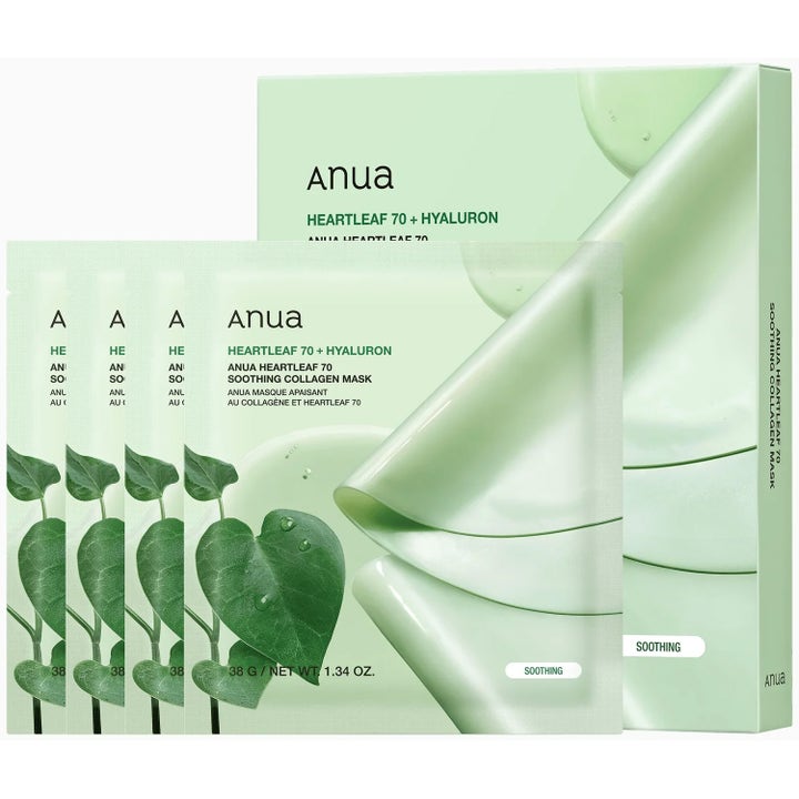 Anua Heartleaf 70 Hyaluron Soothing Collagen Mask 10-pack arkmasker som lugnar i ljusgrön förpackning.