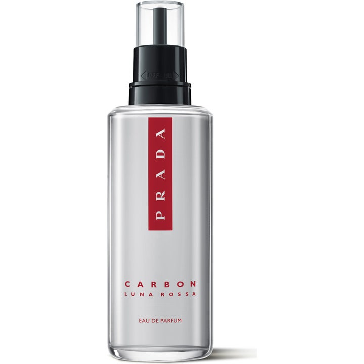 Prada Luna Rossa Carbon refill 150ml Eau de Parfum herrparfym i klar glasflaska och svart kartong med röd rand