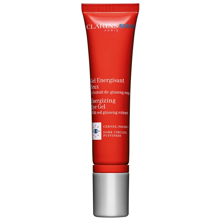 ClarinsMen Energizing Eye Gel 15 ml Clarins ögongel med ginseng mot mörka ringar i en röd tub med silverkork.