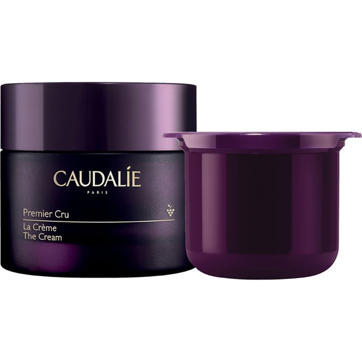 Caudalie Premier Cru The Cream återfyllbar lyxkräm mot rynkor i mörklila glasburk med en matchande lila påfyllning