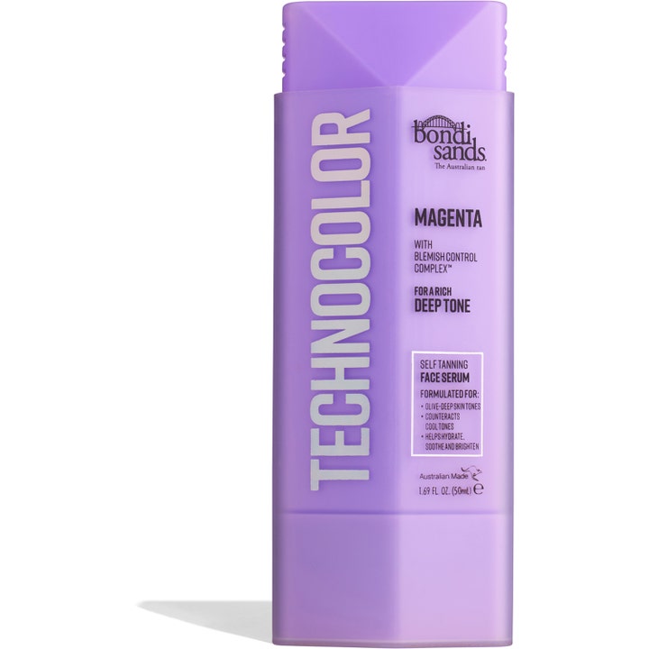 Bondi Sands Technocolor Magenta 50ml brun utan sol ansikte ger en djup ton i en lila flaska med texturerad kork.