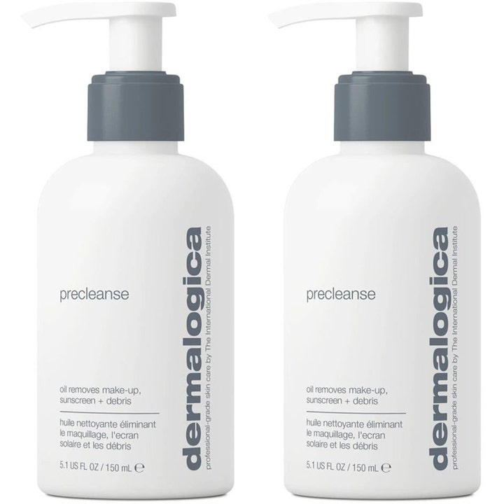 Dermalogica Precleanse 150 ml rengöringsolja som tar bort smink i två vita plastflaskor med grå pump