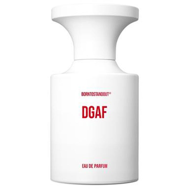 BornToStandOut DGAF Eau de Parfum 50 ml unisex parfym i vit flaska med röd text och en bred vit kork