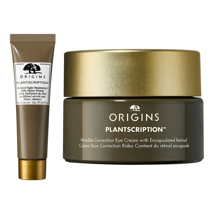 Origins Plantscription Retinol nattkräm 30ml och ögonkräm mot rynkor i brun tub och mörk glasburk med guldlock