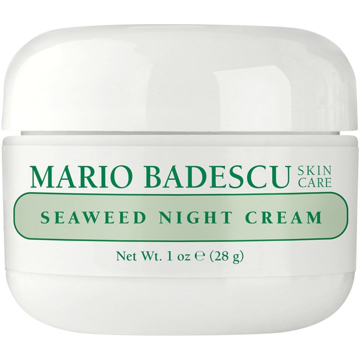 Mario Badescu Seaweed Night Cream 28 g närande nattkräm med havsalger i vit plastburk med grönt tryck och vitt lock
