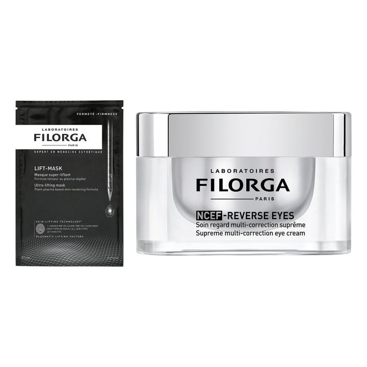 Filorga Lift-Mask och NCEF-Reverse Eyes uppstramande ansiktsmask i svart sachet och ögonkräm i glasburk med silverlock