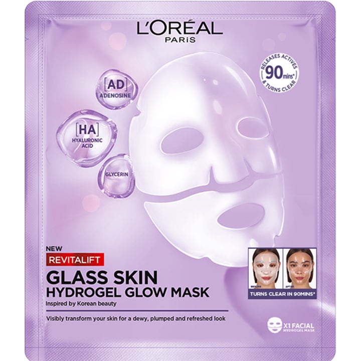L'Oréal Paris Revitalift Glass Skin Hydrogel Glow Mask 1 st lystergivande hydrogelmask i lila sachet som ger huden glow.