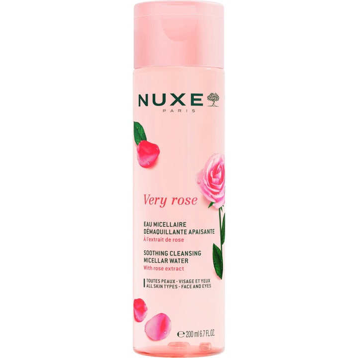 Nuxe Very Rose 200 ml micellärvatten alla hudtyper i en rosa flaska med rosenextrakt och matchande lock