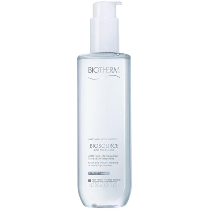 Biotherm Biosource Micellär Vatten 200 ml mild sminkborttagning i genomskinlig pumpflaska för känslig hud.