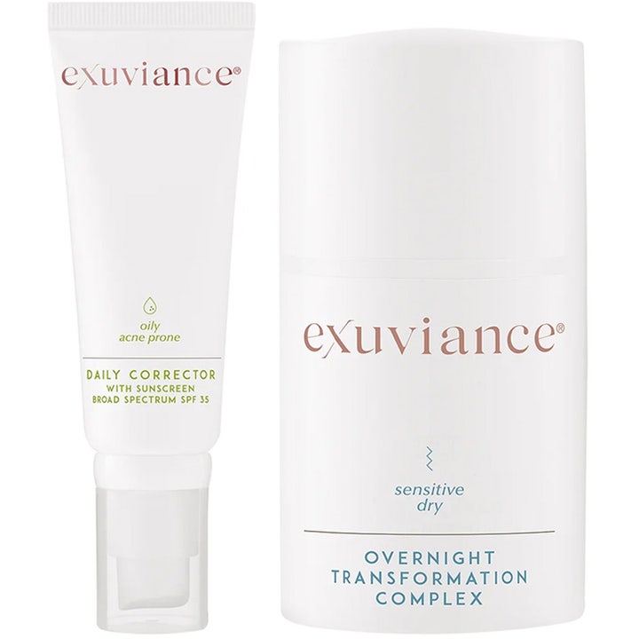 Exuviance Daily Corrector SPF 35 och Overnight Transformation Complex i vit tub och flaska som ger skydd och återfuktning.