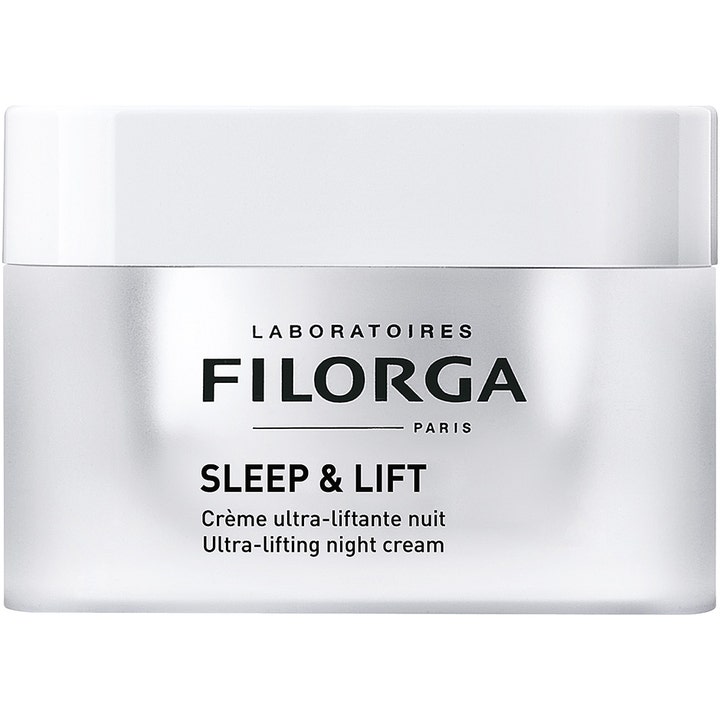 Filorga Sleep & Lift 50 ml anti-age nattkräm för huduppstramning i en silverfärgad burk med vitt lock.