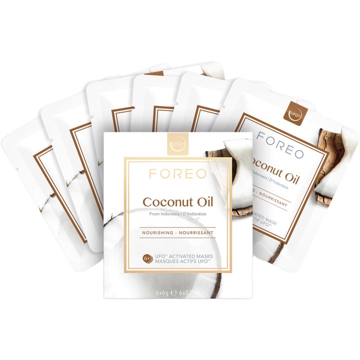FOREO UFO Coconut Oil 36 g naturlig kokosmask för ansiktet i vita dospåsar med motiv av färsk kokosnöt.