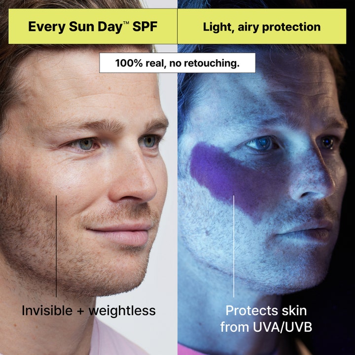 Dr.Jart+ Every Sun Day Ultra-sheer Priming Sunscreen Stick 19 g visar UV-skydd på en mans ansikte i en före och efter-bild.