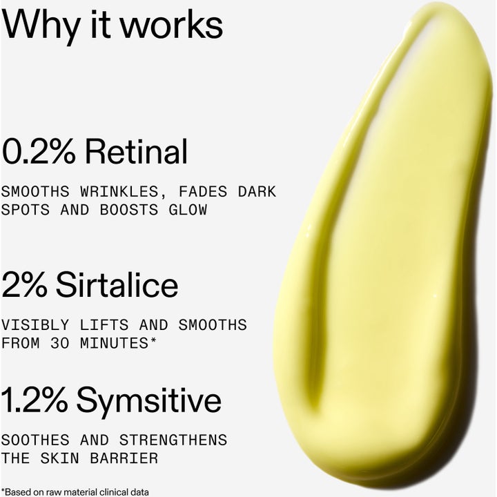 The INKEY List Advanced Retinal Serum 15 ml hudserum med gul krämig textur 0,2% retinal och 2% sirtalice