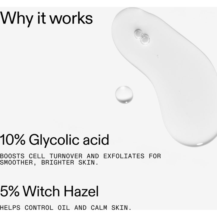 The INKEY List Glycolic Acid Toner 100 ml peeling toner med klar textur och text om 10% glykolsyra och trollhassel.