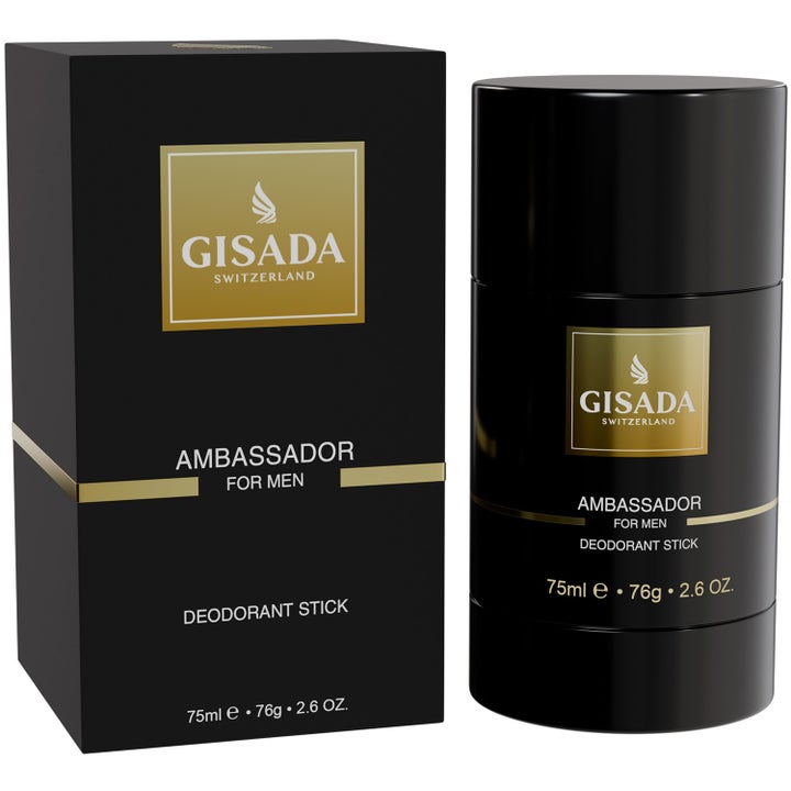 Gisada Ambassador Men Deodorant Stick 75 ml ger fräschör i elegant svart hylsa med gulddetaljer och ytterbox.