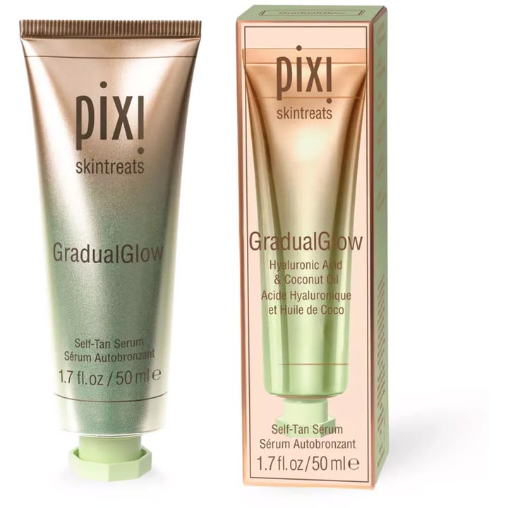 Pixi GradualGlow Self Tan Serum 50 ml ger lyster i en bronstonad tub och box med hyaluronsyra och kokosolja.