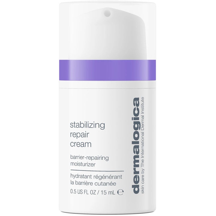 Dermalogica Stabilizing Repair Cream 15 ml barriärkräm för irriterad hud i vit pumpflaska med lila band.