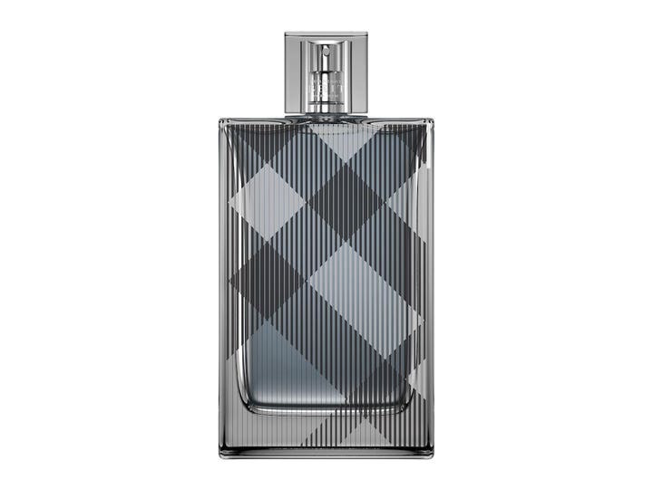 Burberry Brit For Men 100 ml edt herrparfym i rektangulär glasflaska med grått rutmönster och silverlock