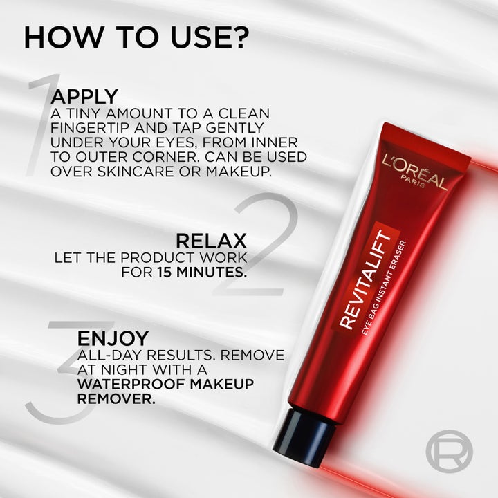 L'Oréal Paris Revitalift Laser Eye Bag Eraser 15 ml ögonkräm i röd tub med instruktioner för applicering