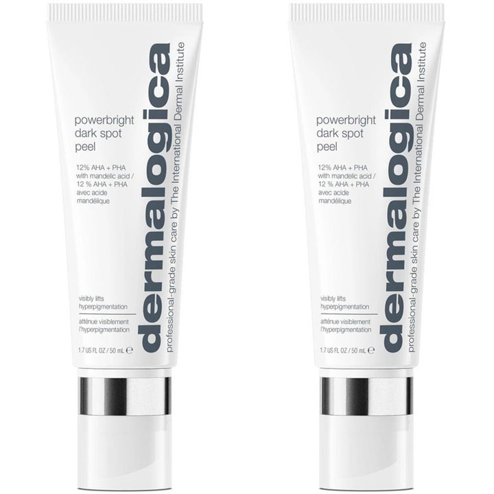 Dermalogica Powerbright Dark Spot Peel 50 ml peeling som motverkar hyperpigmentering i två vita tuber med silverkorkar.