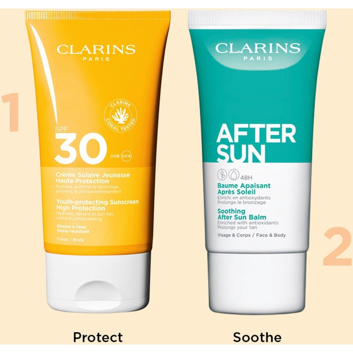 Clarins Youth-protecting Sunscreen 150 ml solskydd SPF 30 och After Sun i gul och turkos tub för kroppsvård.