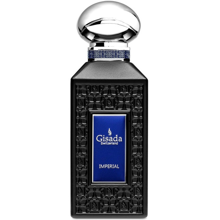 Gisada Luxury Collection Imperial Parfum 100 ml lyxig parfym i en svart mönstrad flaska med blå etikett och silverlock