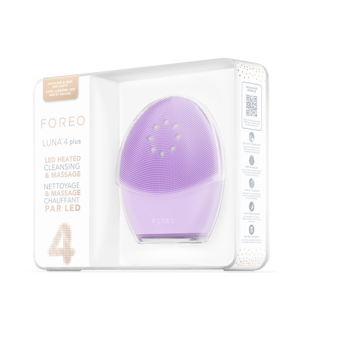 FOREO LUNA 4 plus 1 st ansiktsrengöring elektrisk borste i lila silikon i vit förpackning med LED-teknologi