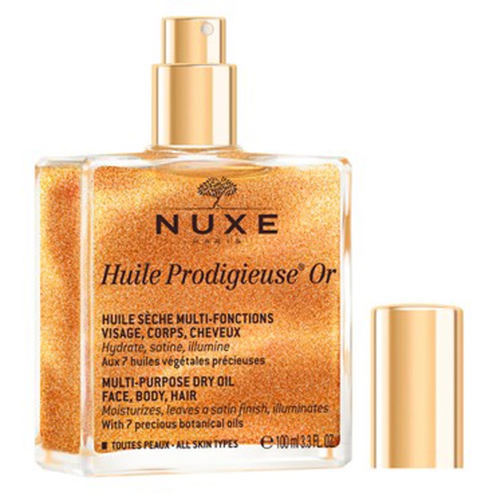 Nuxe Huile Prodigieuse Or 100 ml guldskimrande återfuktande hårolja i glasflaska med guldglitter och spraykork