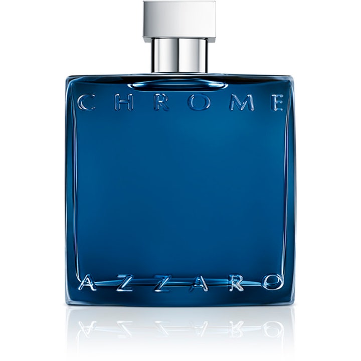 Azzaro Chrome Parfum 100ml herrparfym i en fyrkantig mörkblå glasflaska med silverfärgad kork