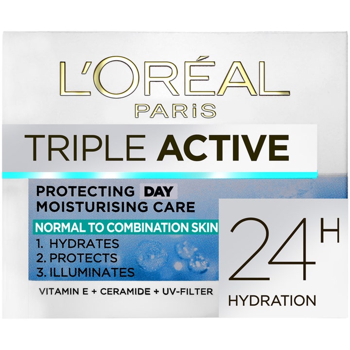 L'Oréal Paris Triple Active Day Moisturising Care återfuktande dagkräm i vit ytterförpackning med blå detaljer och guld.