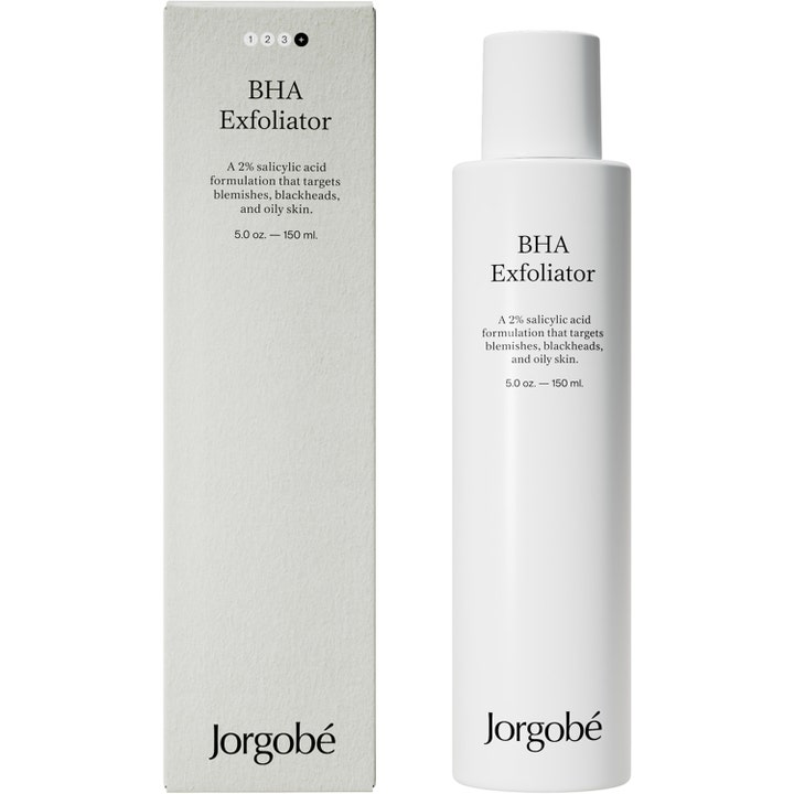 Jorgobé BHA Exfoliator 150 ml salicylsyra peeling mot blemmor i vit flaska och matchande kartong