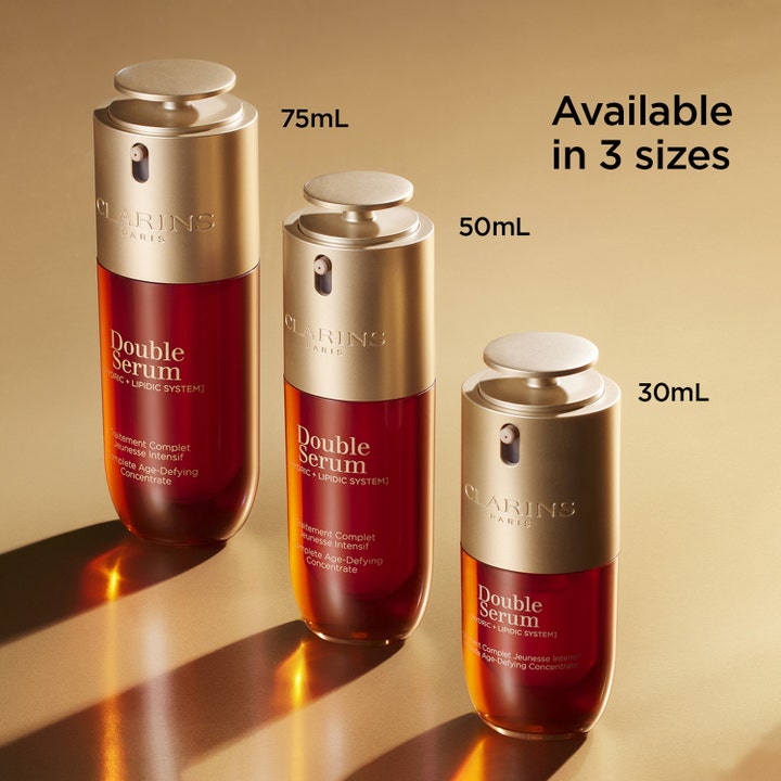 Clarins Double Serum 30ml 50ml 75ml dubbelserum för effektiv hudföryngring i tre storlekar med guldpump.