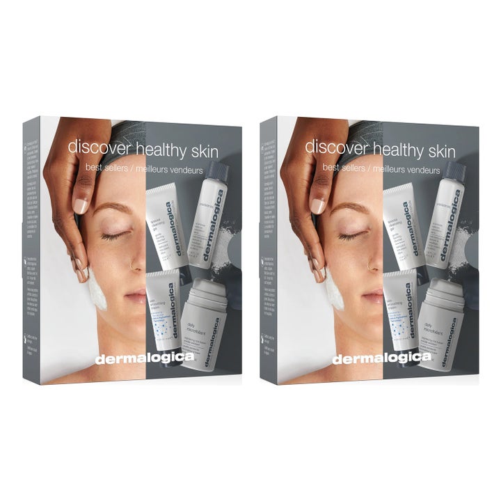 Dermalogica Discover Healthy Skin Kit 4 delar hudvårdsrutin som ger frisk hy i gråvit ask med vita tuber och flaskor